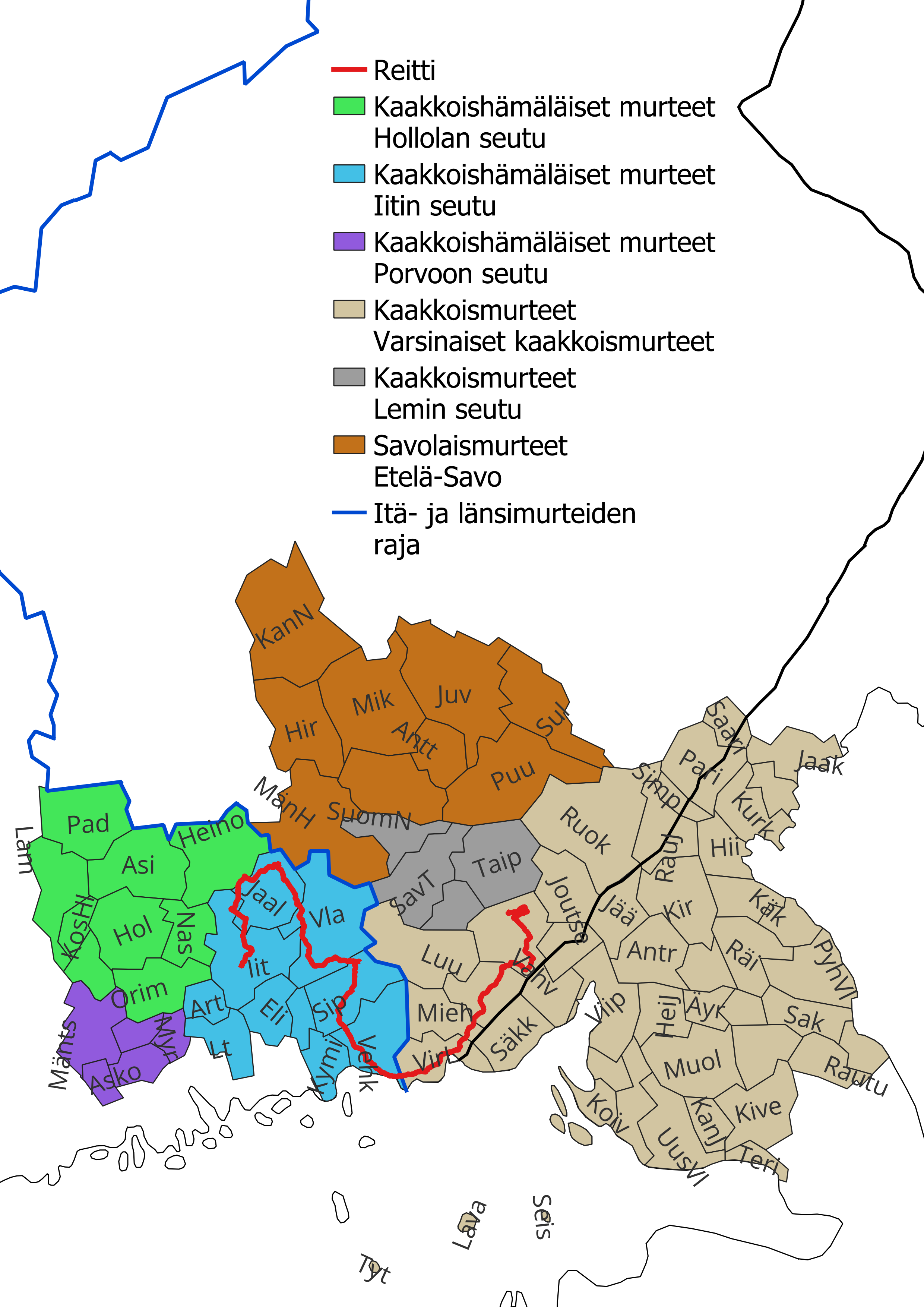 Reitti Kausalasta Jaalan ja Sippolan kautta Lappeenrantaan.