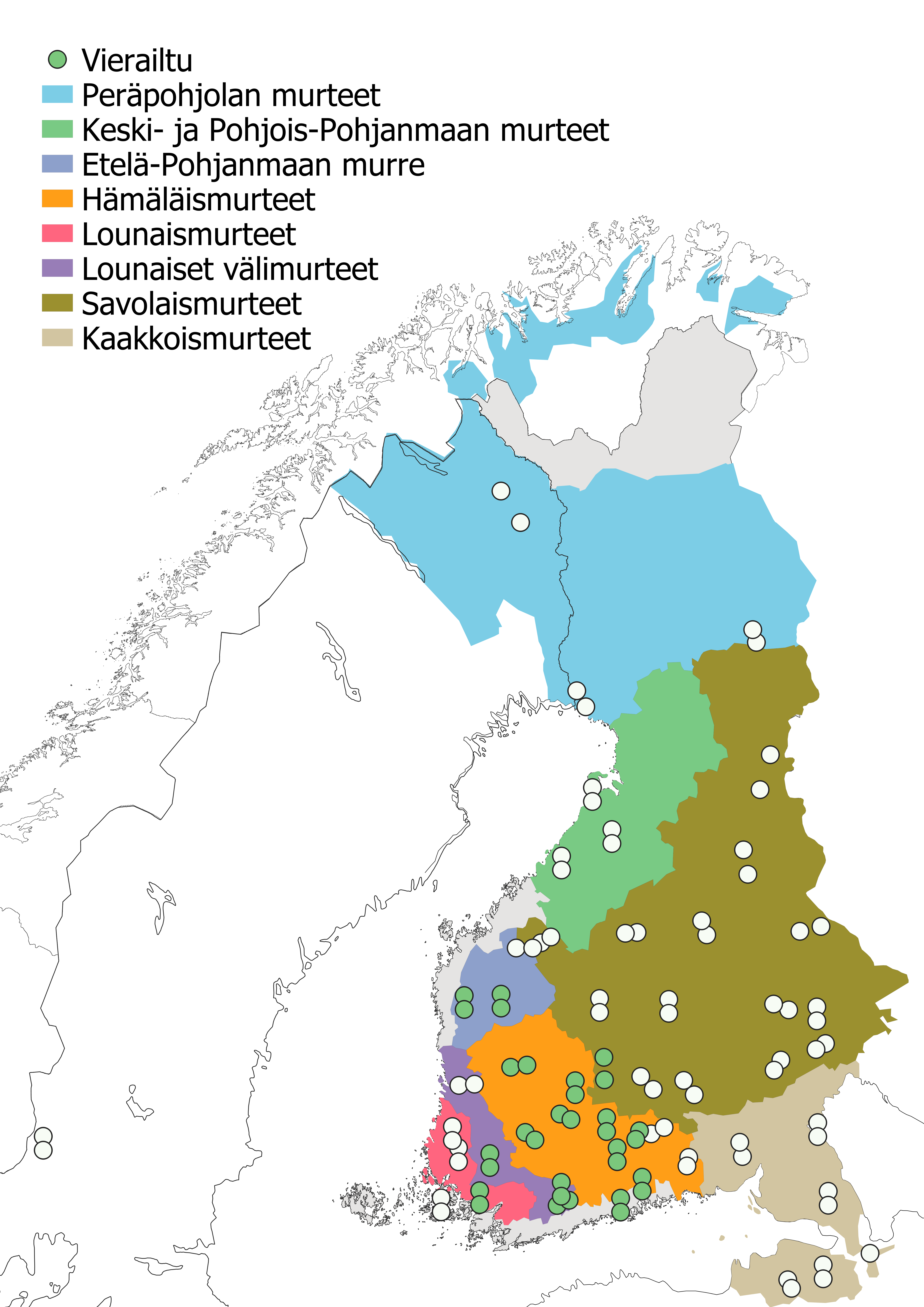 Suomen kielen näytteitä -sarjan haastattelupaikat sekä suomen murrealueet