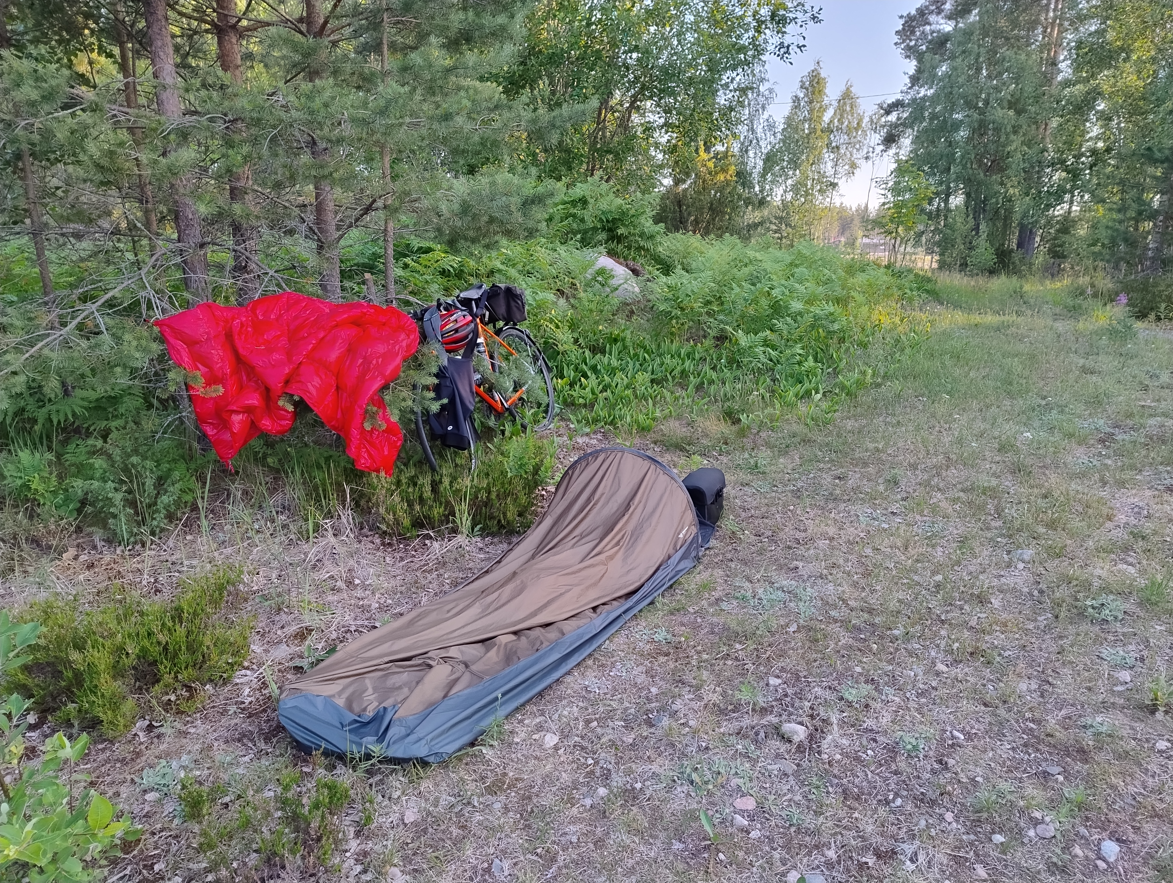 Ruskea bivy-majoite maassa, taustalla oranssi polkupyörä, vaatteita ja punainen makuupussi roikkumassa puusta